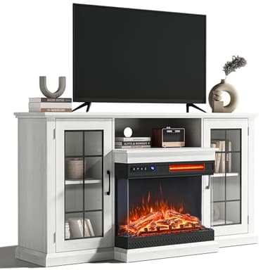 INMOZATA Electric Fire Insert TV Stand, Entertainment Center Console Table with 3-Side Realistic LED Flame Effect Display, Remote Control&Overheat Protection, White, 25" Fireplace, for 65" TV