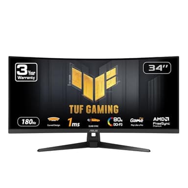 ASUS TUF Gaming 34 Inch Ultra-Wide Curved Monitor (VG34VQ3B) - 21:9 QHD (3440 x 1440), 180Hz, 1ms, Extreme Low Motion Blur Sync, FreeSync Premium, Speaker, 90% DCI-P3, DisplayWidget Center, 3 Years