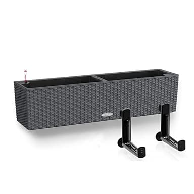Lechuza Self Watering Pot BALCONERA Cottage 80 Granite Plastic Balcony Planter for Railing Rattan Look Planter H19 L80 W19 cm Bundle with Black Balcony Brackets