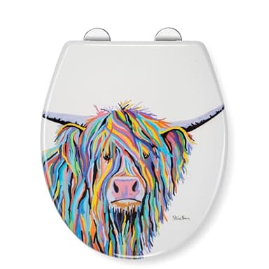 Croydex Steven Brown Angus McCoo Flexi-Fix Soft Close Toilet Seat - with Quick Release with Adjustable Hinges, Durable Polypropylene Plastic with Top and Bottom Fixings (Highland Cow)