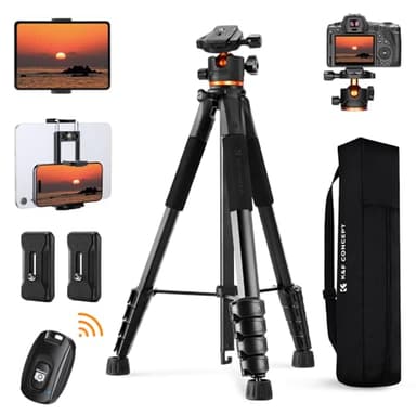K&F Concept 75 inch Camera Tripod, Lightweight Travel Outdoor DSLR Tripods with 360 Degree Ball Head Load Capacity 8kg/17.6lbs, Cellphone Clip and Remote Control for Smartphone S255A3+BH-36