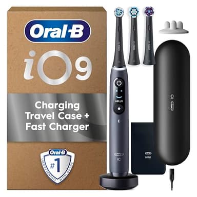 Oral-B iO9 Electric Toothbrush for Adults, Black, App Connected Handle, 7 Cleaning Modes, Includes 3 Brush Heads, Charging Travel Case and Head Holder, Long-Lasting Battery for Home Travel, 2 Pin Plug