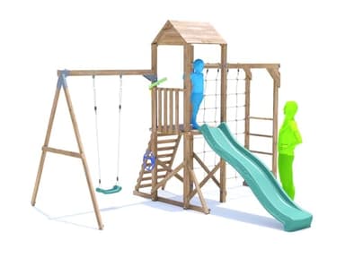 Dunster House Climbing Frame with Single Swing, High Platform, Monkey Bars, Cargo Net & Slide SquirrelFort