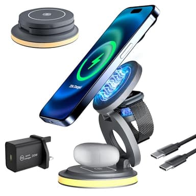 PKBD 3 in 1 Mag-safe Wireless Charging Station, 20W Foldable Travel Magnetic Wireless Charger Stand with Night Lights for iPhone 16 15 14 13 12 Pro/Max/Plus, Apple Watch & AirPods Pro 4 3 2, Grey