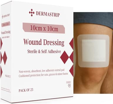 25pk - 10cm x 10cm DermaStrip Sterile, Large Adhesive Wound Dressings, Cushioned Protective pad, Individually Wrapped 25 per Pack