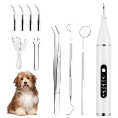 Aomig Electric Dog Plaque Remover 10Pcs Pet Dental Scaler with 5 Cleaning Modes 4 Cleaning Heads and LED USB Rechargeable Dental Care Kit