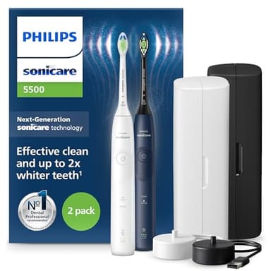 Philips Sonicare 5500 Electric Toothbrush, Sonic Toothbrush with 2 Modes, Pressure Alert, EasyStart, SmarTimer and BrushPacer, White and Navy, 2 Pack, Model HX7119/01 [New Technology]