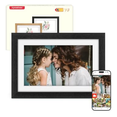 Digital Photo Frame WiFi Black Oak Wood Frame, Frameo Digital Picture Frame 10.1 Inch, 32GB Memory, 1280 * 800 IPS HD Touchscreen, Auto-Rotate, Share Photos Video via Frameo APP, Gifts for Women Men