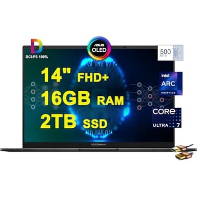 ASUS Zenbook 14 OLED Copilot AI PC Laptop 14" FHD+ Lumina OLED Touch (500nits, 100% DCI-P3, Glossy) Intel 16-core Ultra 7 155H 16GB RAM 2TB SSD Backlit Thunderbolt Harman/kardon Win11 + HDMI Cable