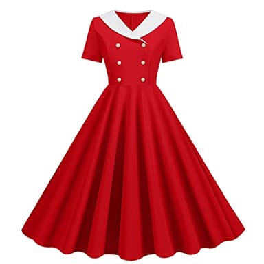 Wellwits Women's Blazer Collar Pearl Button Formal Cocktail Vintage Dress Red S