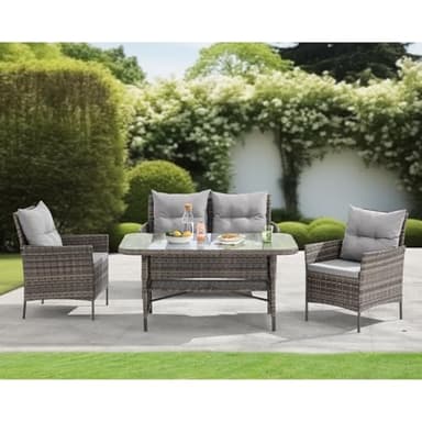 EVRE Brown Florence Garden Rattan Furniture Set 4 Piece Seat 1 Sofa 2 Chair Dining Outdoor Conservatory Wicker Weave Lounge Sofa and Glass Top Table with Cushions
