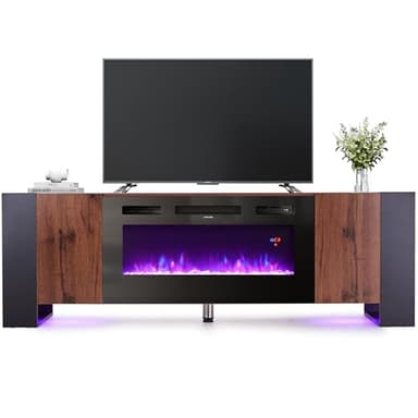 INMOZATA Electric Fire Insert TV Stand, Entertainment Center Console Table with 36" Fireplace, for 78" TV, with 12Colors Realistic Flame Effect & 12Colors Moon Lights, Overheat Protection, Woodgrain