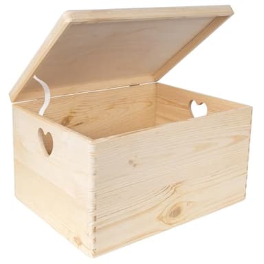Creative Deco XXL Large Plain Wooden Storage Box Chest | 40x30x24 (+/-1 cm) | Hinged Lid & Heart Handles | Unpainted Gift Box for Christmas Xmas Kitchen Storage | UNSANDED Wood Keepsake Memory Craft