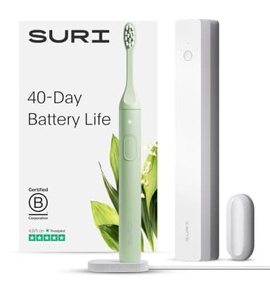 SURI Electric Toothbrush—Award-Winning Sustainable Electric Toothbrushes Adults, Slim Sonic Toothbrush & Accessories, 40+ Day Battery, Travel Toothbrush with UV Cleaning Case. Certified B Corp, Green