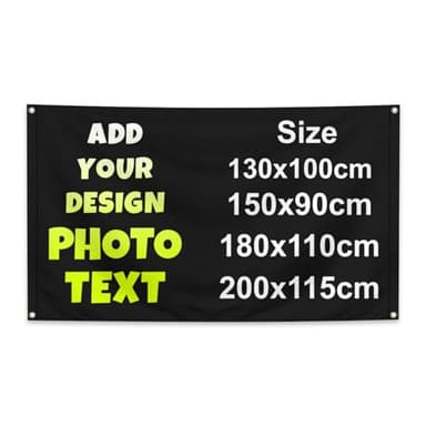 Personalised Banner with 4 Eyelets Custom Flag Add Photo Text Logo Single Sided Printing Customised Backdrop Sign Room Festivals Birthday Decoration for Event Outdoor Garden, Camping, 200x115cm