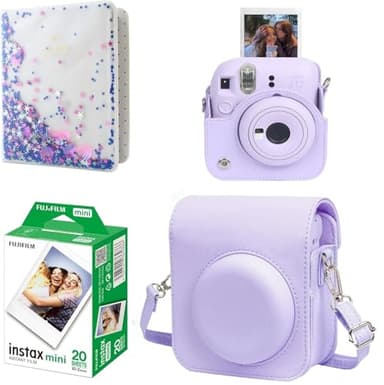 Instant Camera Film Kit For Fuji Instax Mini 12 Lilac Purple Includes Mini Instant Film 20 Photos, Solid Colour Protective PU Leather Case for Instax Mini 12 & 64 Pockets 3 Inch Mini Photo Book Album