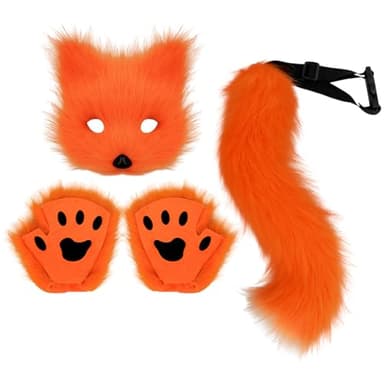 Fox Costume 1 Set Realistic Plush Cat Mask Tail Paws Set Furry Fox Masks Therian Gear Includes Fox Mask, Tail and Claw Gloves Cosplay Costumes for Women Halloween Party Props Fox Mask Tail (Orange)