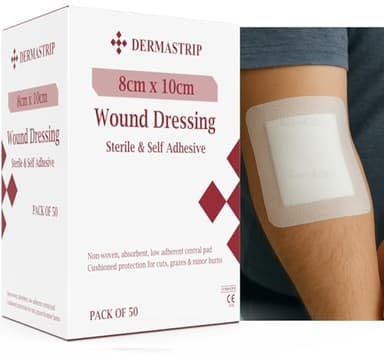 50pk - 8cm x 10cm DermaStrip Sterile, Adhesive Wound Dressings, Cushioned Protective pad, Individually Wrapped 50 per Pack