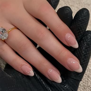 Almond Press On Nails - Short French Tip False Nails - 24pcs Light Pink Fake Nails With Glue - Natural Glossy Removable Nail Stick On - Full Cover Acrylic Gel Glue On Nail For Women, Girls