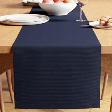 Encasa XO Dining Table Runner | Yarn Dyed Fine Ribbed Cotton | Size 32x250 cm | Solid Navy Blue | Machine Washable