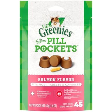 FELINE GREENIES PILL POCKETS for Cats Natural Soft Cat Treats, Salmon Flavor, 1.6 oz. Pack (45 Treats)