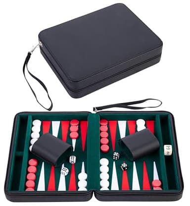 Engelhart – 250502 – Travel Backgammon Set 9-Inch Deluxe with Inlay Felt – Black Zipper Closure (Green, Red, White)