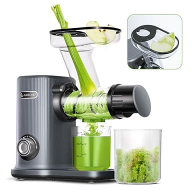 AMZCHEF Cold Press Juicer Machine, Masticating Juicer with 50MM Large Feed Chute and Tray, Slow Juicer Cold Press with 8 Section Spiral Auger, Low Decibels Juicers for Whole Fruit and Vegetable, Grey