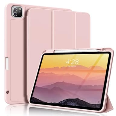 ZKTUYU for iPad Pro 11 Inch Case 4th/3rd/2nd Generation (2022/2021/2020) with Pencil Holder, Slim Trifold Smart Cover with Soft TPU Back, Support 2nd Gen Pencil Charging, Auto Sleep/Wake, Pink