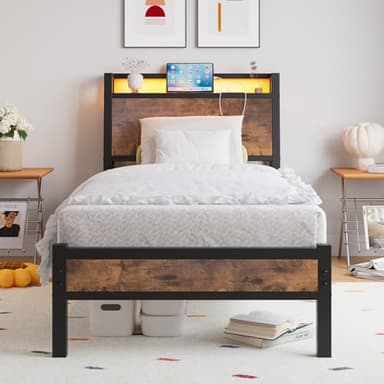 JELUTE 3ft Single Bed Frame with Charging Station and LED Lights, Wood Headboard with Storage Shelves, Heavy Duty Metal Slats, No Box Spring Needed, Noise Free, Easy Assembly,Black