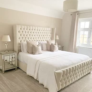 OPULENCE DREAM UPHOLSTERED WINGBACK BED FRAME DOUBLE KING SIZE SUPER KING SIZE WITHOUT MATTRESS PLUSH VELVET HEADBOARD.(CREAM,6FT)