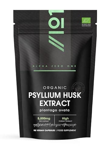 Organic Fibre Supplement 5000mg Psyllium Husk - Natural Prebiotic Fibre Supplement from Raw Plantago Ovata Seeds - 90 Vegan Capsules - Resealable and Recyclable Pouch by Alpha01