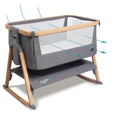 Tutti Bambini CoZee® Air Extra Breathable Next To Me Crib & Standalone Baby Cot - Baby Rocker with Deluxe Airflow Mattress, Easy Fold Baby Bed, Travel Cot with Mattress (0-6 Months) - Oak/Charcoal
