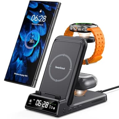 Charging Station for Samsung S25/Watch 8/8 Classic, 3 in 1 Wireless Charger for Samsung S25 Ultra/S25+/S24/S23/Fold 7, Galaxy Watch Ultra 2025/7/6/5/4/3, Galaxy Buds, SwanScout 703S (No Adapter)