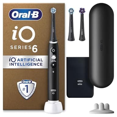 Oral-B iO6 Electric Toothbrushes For Adults, 3 Toothbrush Heads, Travel Case & Toothbrush Head Holder, 5 Modes With Teeth Whitening, 2 Pin UK Plug, Black
