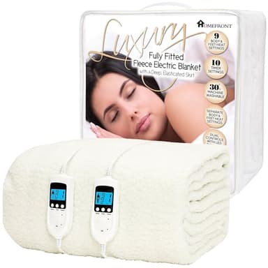 Homefront Electric Blanket King Size Bed Dual Control 152x203x40cm, Fleece Fitted Heated Mattress Cover Underblanket with Skirt, Overheat Protection, Body and Feet, Fast Heat, Machine Washable