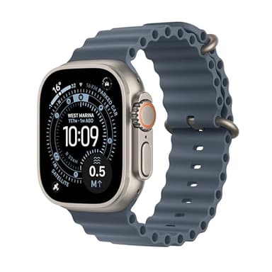 Apple Watch Ultra 3 GPS + Cellular 49mm Premium Running and Multisport Smartwatch with Rugged Natural Titanium Case with Anchor Blue Ocean Band. Advanced Health and Fitness Tracking