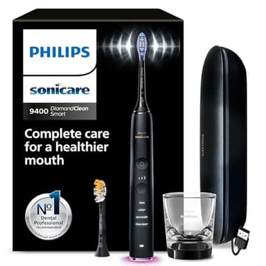Philips Sonicare DiamondClean Smart 9400 Electric Toothbrush, Sonic Toothbrush with App, Pressure Sensor, Brush Head Detection, 4 Brushing Modes and 3 Intensity Levels, Black, Model HX9917/89