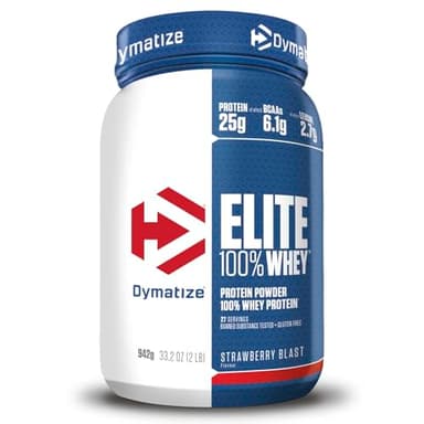 Dymatize Elite 100% Whey Strawberry Blast 942g - High Protein Low Sugar Powder + Whey Protein and BCAAs