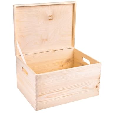 Creative Deco XXL Large Plain Wooden Storage Box Chest | 40x30x24 (+/-1 cm) | Hinged Lid & Handles | Unpainted Gift Box Storage | UNSANDED Wood Keepsake Memory Craft