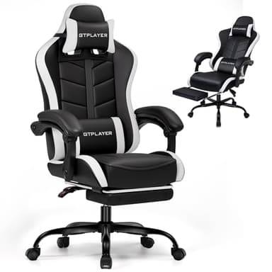 GTPLAYER Gaming Chair with Footrest, Computer Chairs for Adults Ergonomic Headrest Lumbar Support Height Adjustable 360°-Swivel Reclining PU PC Chair