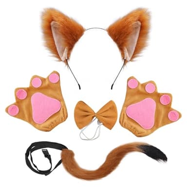 SAIIURV 4-Piece Fox Costume Set - Faux Fox Ears, Long Tail, Bow Tie, Paw Gloves - Kids & Adults - Animal Party Fancy Dress for Children & World Book Day, Halloween