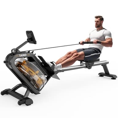 YAMO Water Rowing Machine for Home Gym, 6 Levels of Resistance Water Rower with 16L Inclined Tank, 150kg Weight Capacity, Support Bluetooth & Compatible with Apps, Yellow YR40