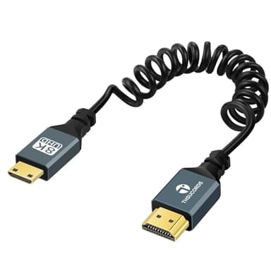 Thsucords 8K Mini HDMI to HDMI Coiled Cable, Ultra Thin HDMI to Mini HDMI Male to Male Spiral Cord, Support 8K@60Hz 4K@120Hz 48Gbps for Nikon,DSLR, Camcorder, Laptop, Tablet(90cm)