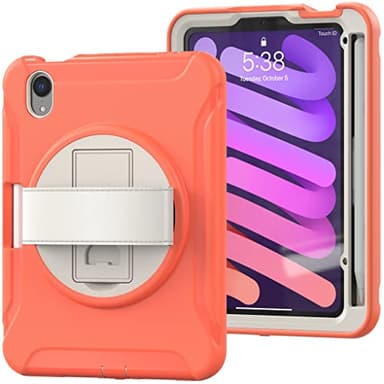 iPad Mini Case for iPad Mini 6th Generation 8.3 inch Shockproof TPU Case with Leather Hand Strap 360° Rotating Stand and Pen Slot Orange