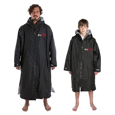 Dryrobe Advance Waterproof Changing Robe - LONG SLEEVE Oversized Change Robe Coat with Fleece Lining - Hooded Jacket for Beach, Wild Swimming, Surfing Adult XL - Black/Grey