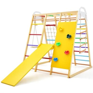 GYMAX 8 in 1 Kids Climbing Set, Indoor Playground Toddler Climber Slide Playset with Swing, Climbing Rock/Net, Monkey Bars and Rope Ladder, Wooden Climbing Toys for 3 Year Olds + (Colorful)