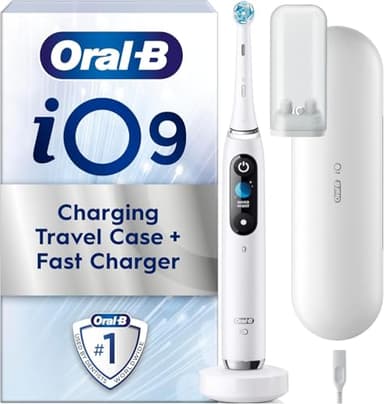 Oral-B iO9 Electric Toothbrush For Adults, Oral B Electric Toothbrushes, App Connected Handle, 1 Toothbrush Head and Charging Travel Case, 7 Modes with Teeth Whitening, 2 Pin Plug, White