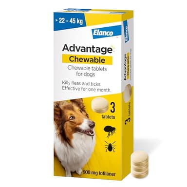 Advantage Chewable >22-45kg Chewable Tablets for Dogs 900mg (3 pack), Flea and Tick Treatment, Fast Acting Kills Fleas Within Hours, Prevention Lasts For A Month, Easy To Administer