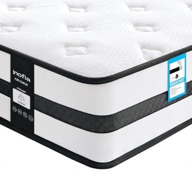 Inofia Double Mattresses Memory Foam Sprung Mattress 4FT6, 10 Inch Hybrid Mattress with Zone Support Memory Foam & Cooler Knitted Fabric, Medium Firm Original Collection, 100 Night Home Trial