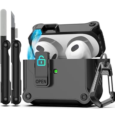 RFUNGUANGO Armor series Compatible with AirPods 3 Case with Secure Lock Clip, Full Body Shockproof Hard Shell Protective, Compatible with Apple AirPod 3rd Generation 2021,Black